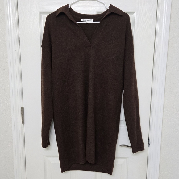 Reformation Doreen 100% Cashmere Polo Sweater Dress Brown Collar Small S - Picture 5 of 10
